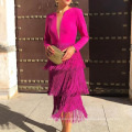 Ladies Deep V Neck Rose Red Tassel Dress Elegant Long Sleeve Midi Sexy Evening Party Clubwear Dresses